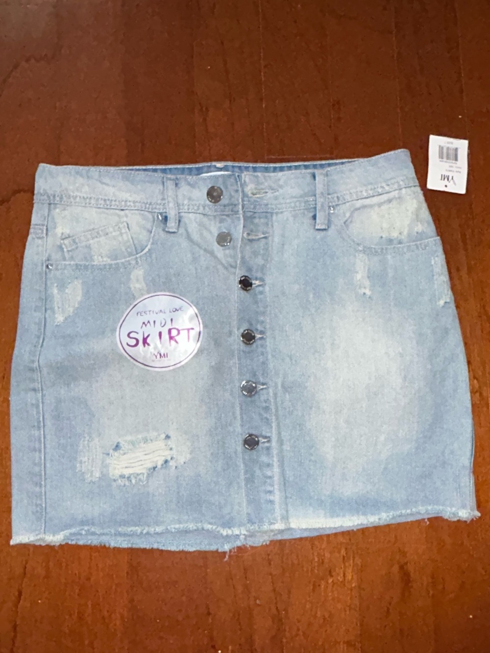 NEW YMI Distressed Denim Mini Skirt Full Button-Up Raw Hem Size 7 Y2K - Picture 2 of 10